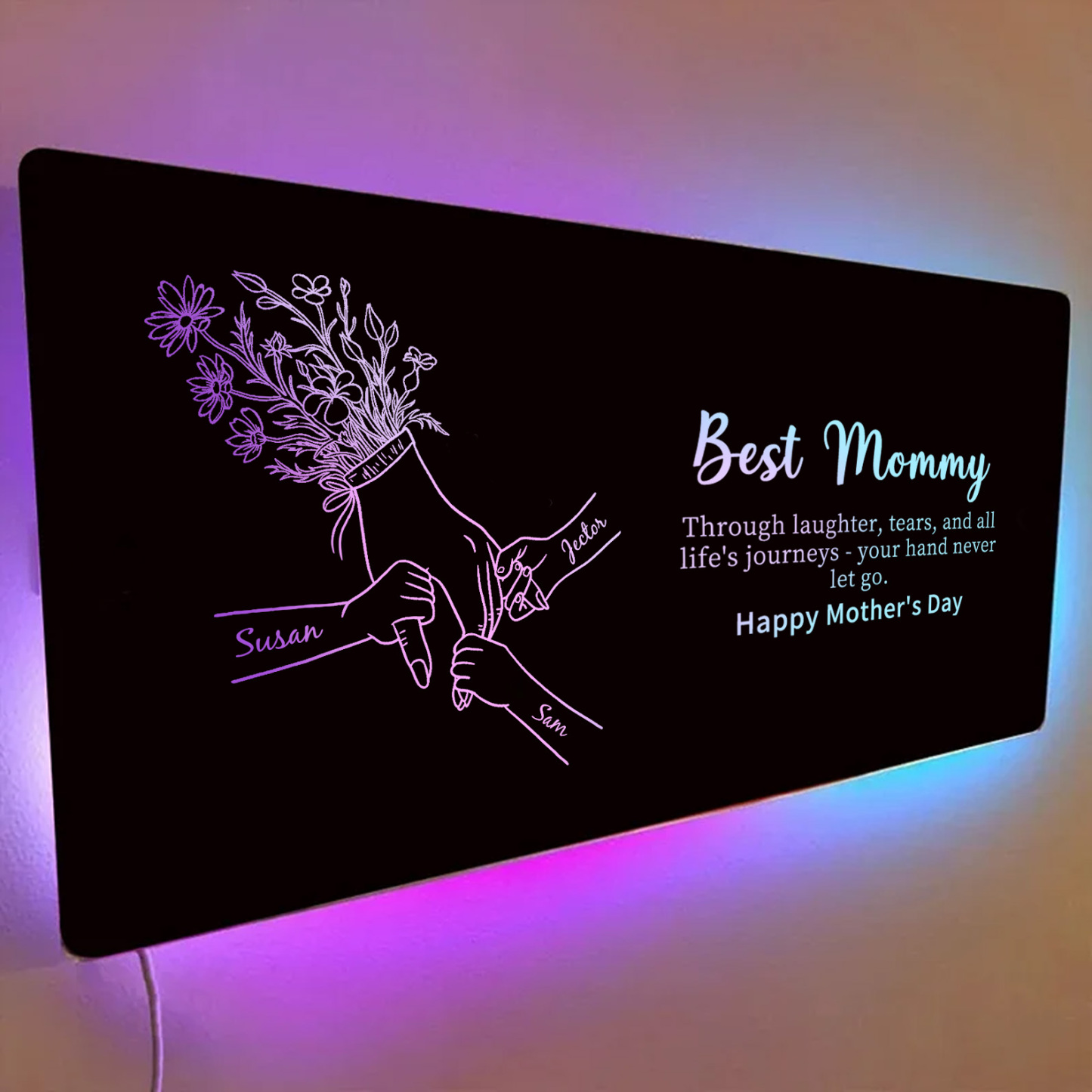 Custom Mom Holding Hands Mirror Light with Choice of Bouquet - Personalized Mother‘s Day Gifts for Mom