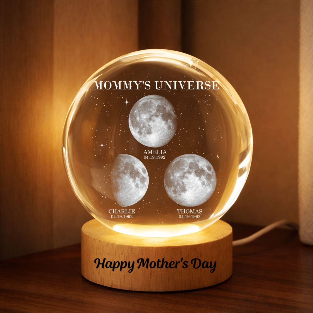 Personalized Moon Phase Crystal Ball Night Light – Custom Date LED Gift for Mom, Wife (Mother’s Day Gift)