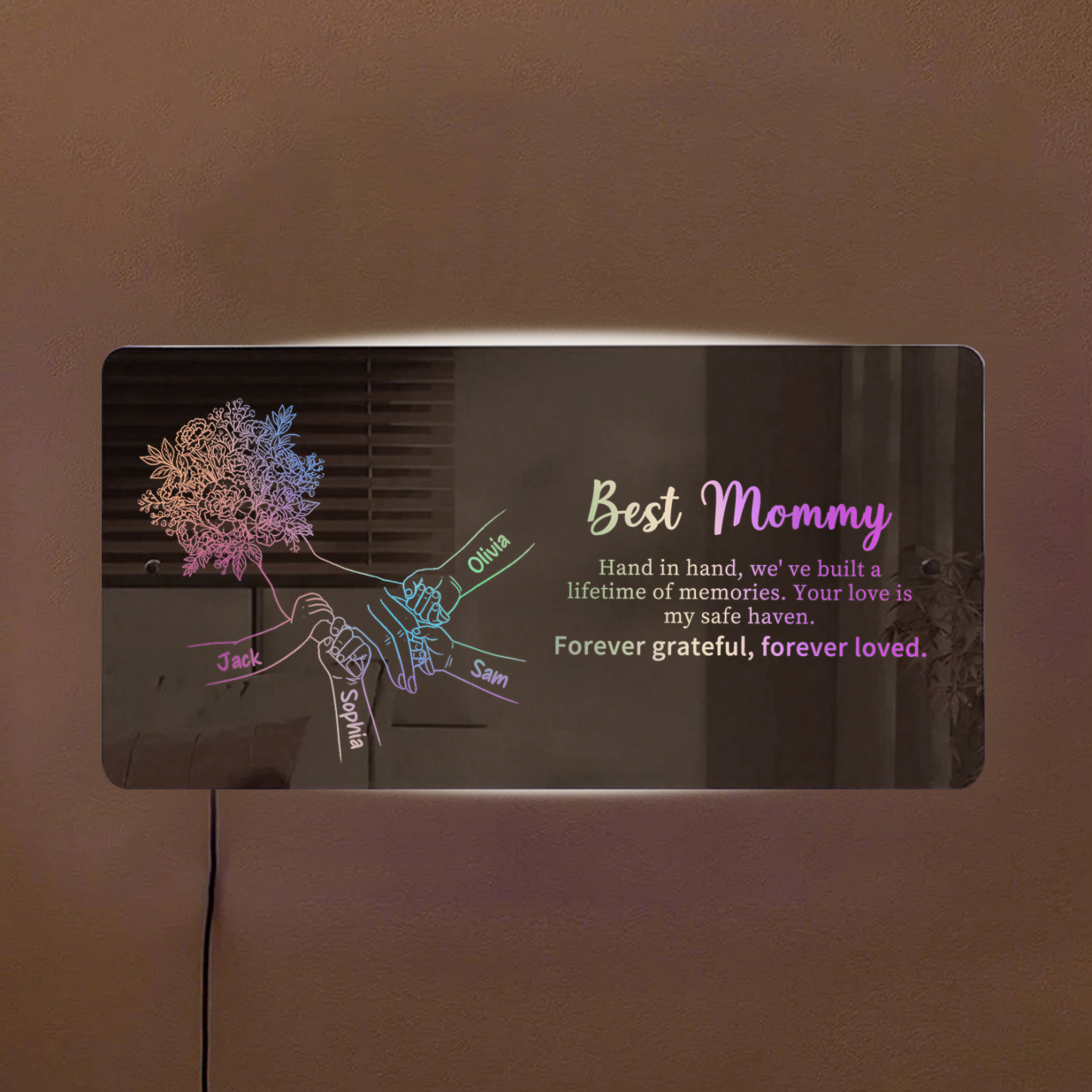 (Carnation) Personalized Mom Holding Hands Mirror Light - Custom Mother‘s Day Gifts for Mom