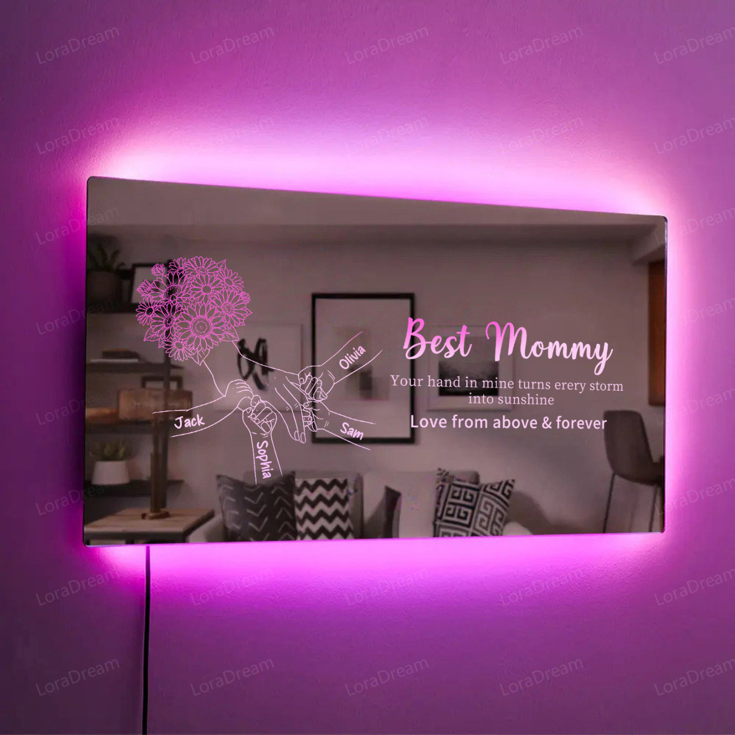 Custom Mom Holding Hands Mirror Light - Personalized Mother‘s Day Gifts with Choice of Bouquet for Mom