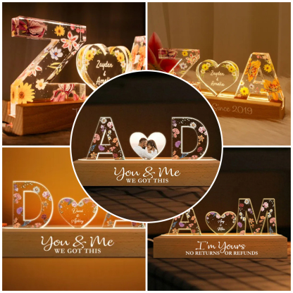 Couple Initials Floral Theme Anniversary Gift Personalized Acrylic Block LED Night Light