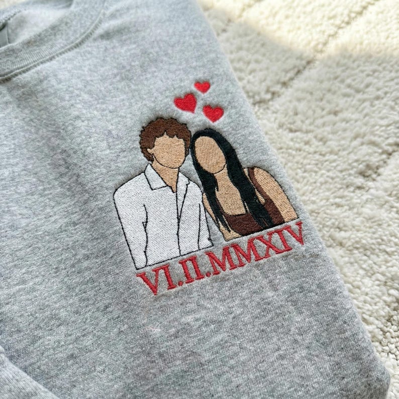 Custom Couple Portrait Embroidered Sweatshirt, Custom Roman Numberal Embroidered Sweatshirt