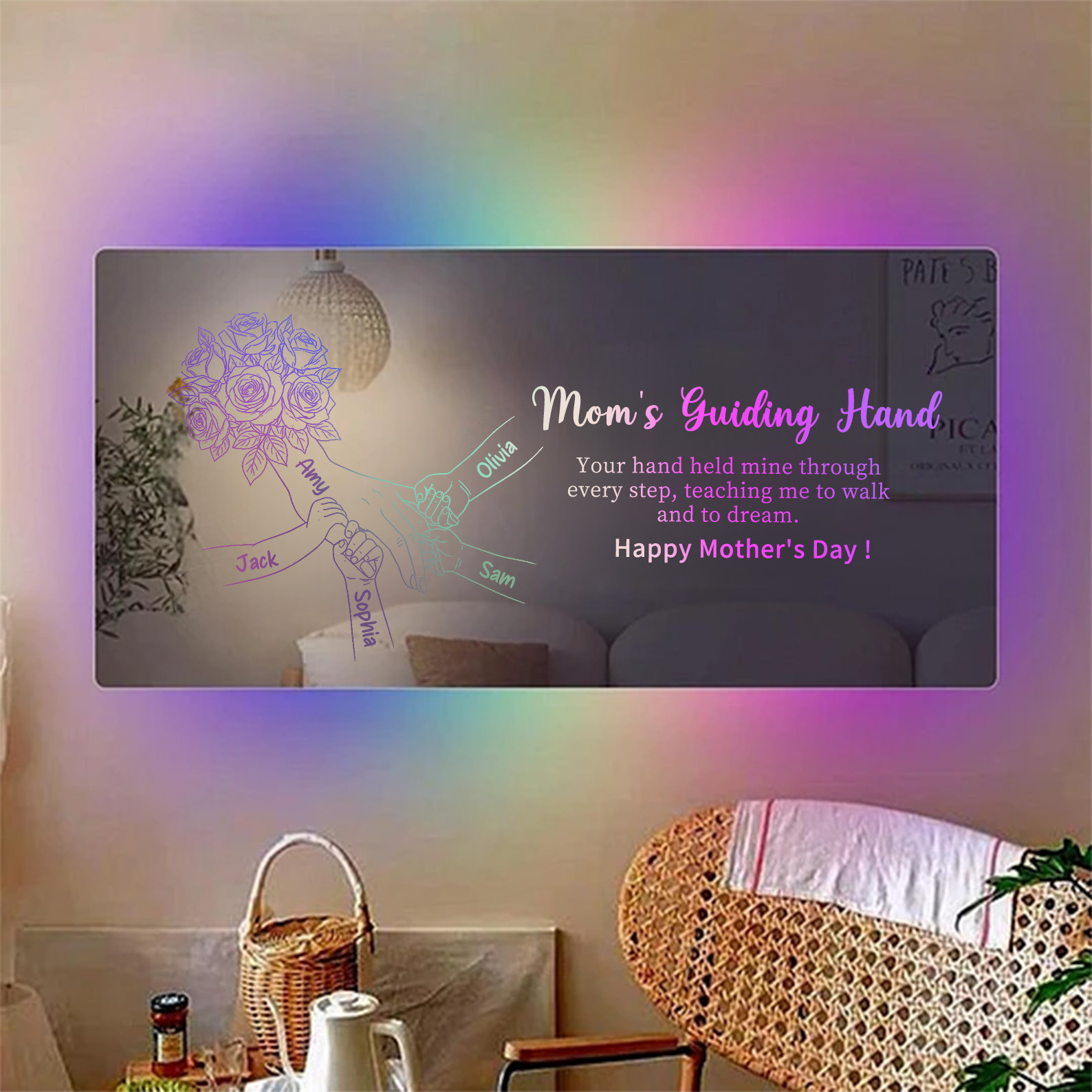 (Rose) Personalized Mom Holding Hands Mirror Light - Custom Mother‘s Day Gifts for Mom