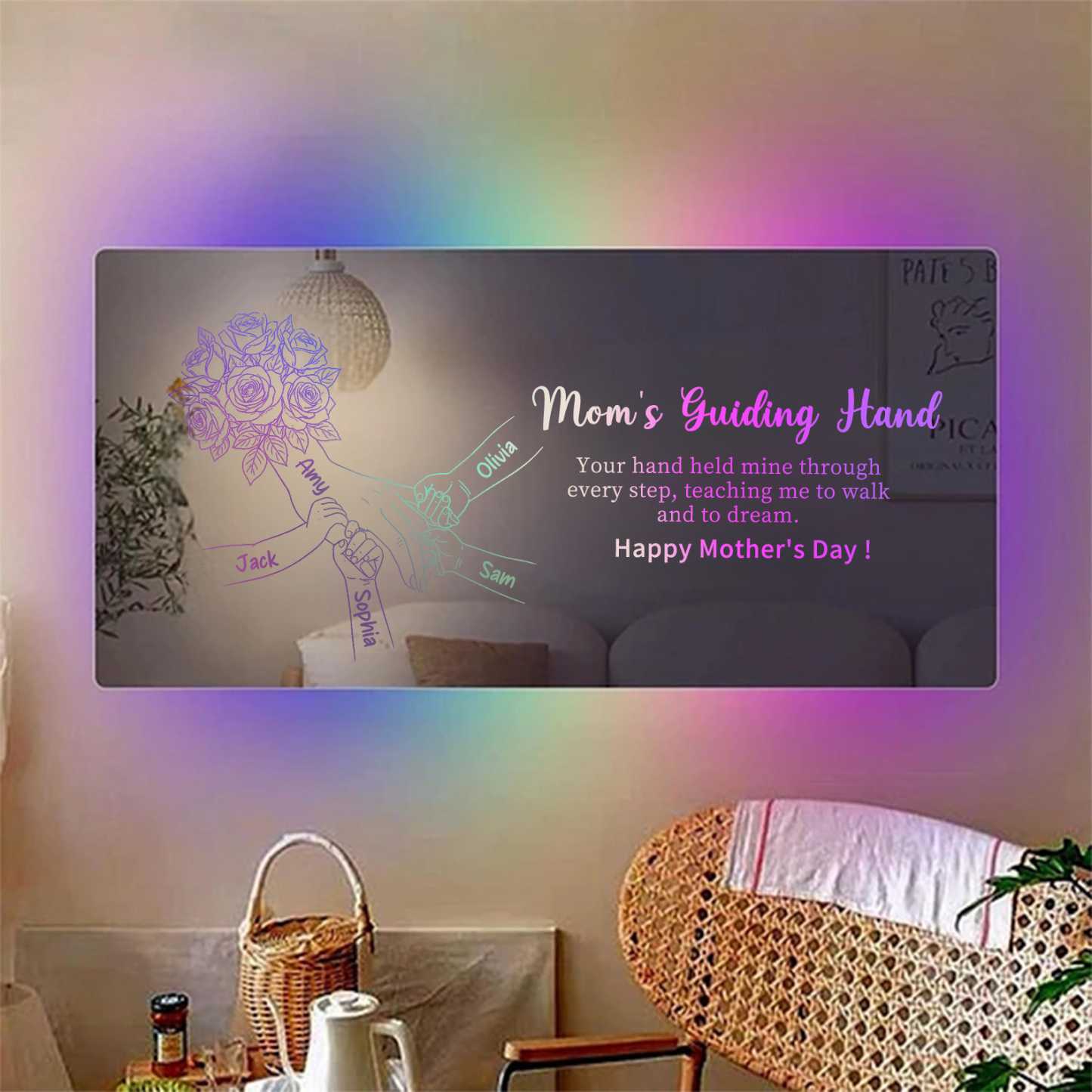 (Rose) Personalized Mom Holding Hands Mirror Light - Custom Mother‘s Day Gifts for Mom