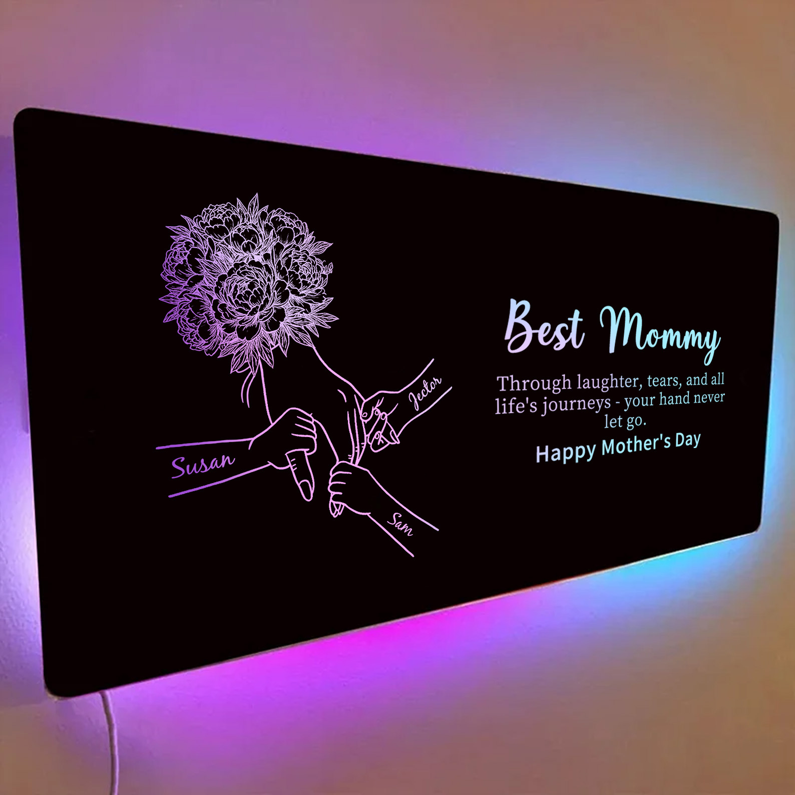 Custom Mom Holding Hands Mirror Light with Choice of Bouquet - Personalized Mother‘s Day Gifts for Mom