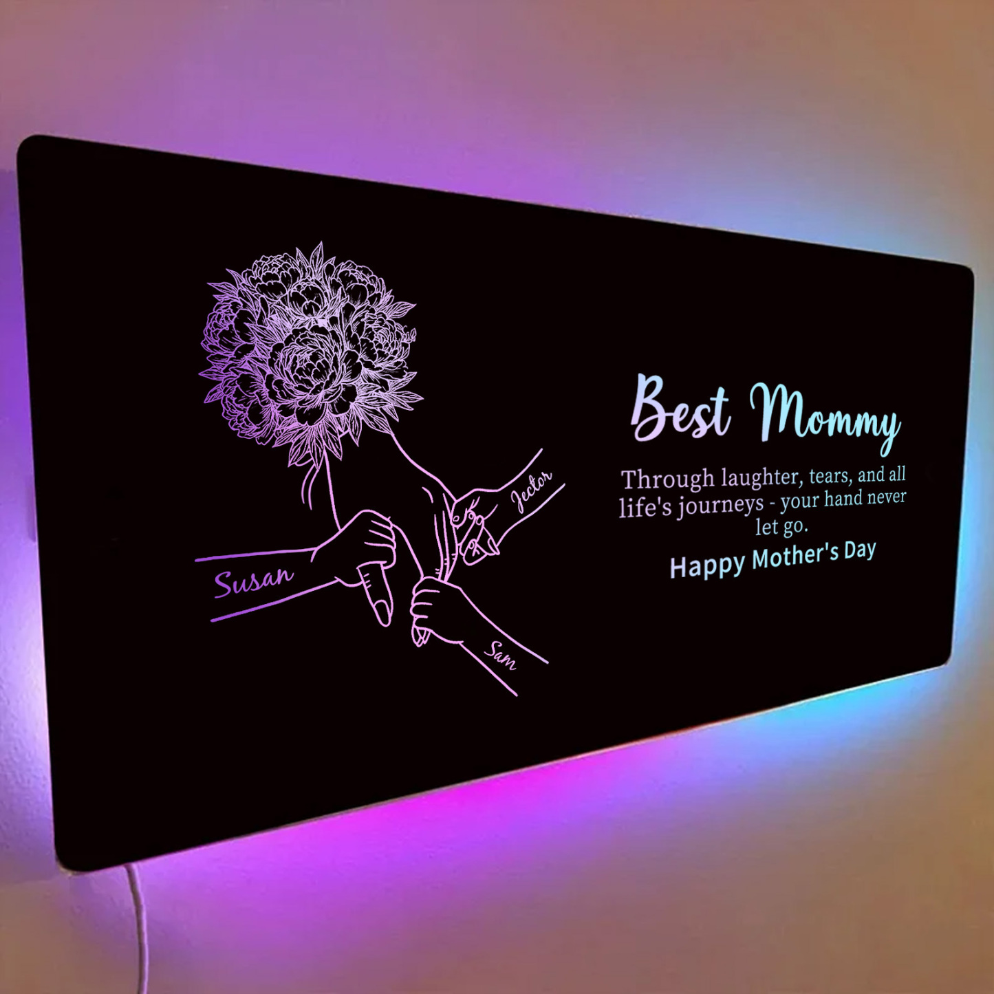 Custom Mom Holding Hands Mirror Light with Choice of Bouquet - Personalized Mother‘s Day Gifts for Mom