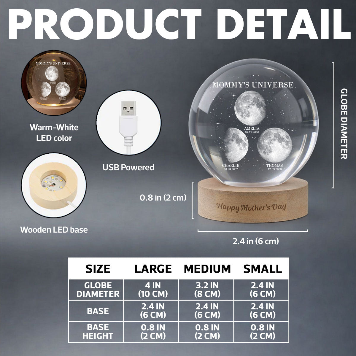 Personalized Moon Phase Crystal Ball Night Light – Custom Date LED Gift for Mom, Wife (Mother’s Day Gift)