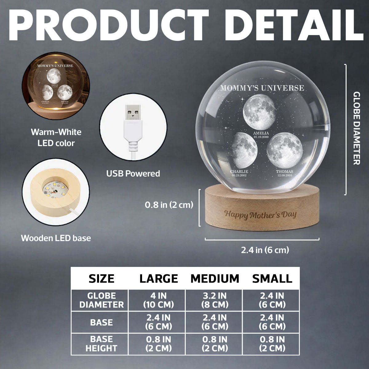 Personalized Moon Phase Crystal Ball Night Light – Custom Date LED Gift for Mom, Wife (Mother’s Day Gift)