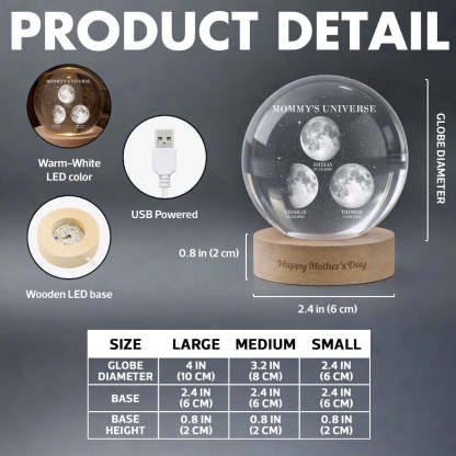 Personalized Moon Phase Crystal Ball Night Light – Custom Date LED Gift for Mom, Wife (Mother’s Day Gift)