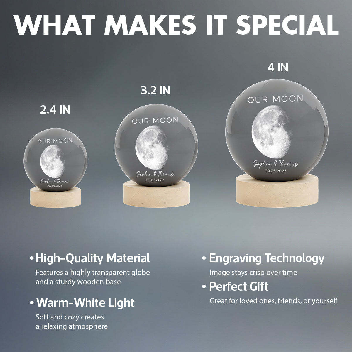 Our Moon Special Day Custom Moon Phase - Personalized Crystal Ball LED Night Light - Valentine's Day Gift For Couple