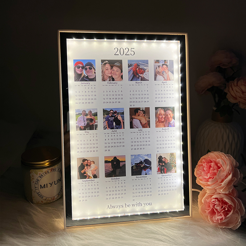 Personalized 2025 Calendar Mirror Light Box with Photo – A Perfect Valentine's Day Gift for Couples