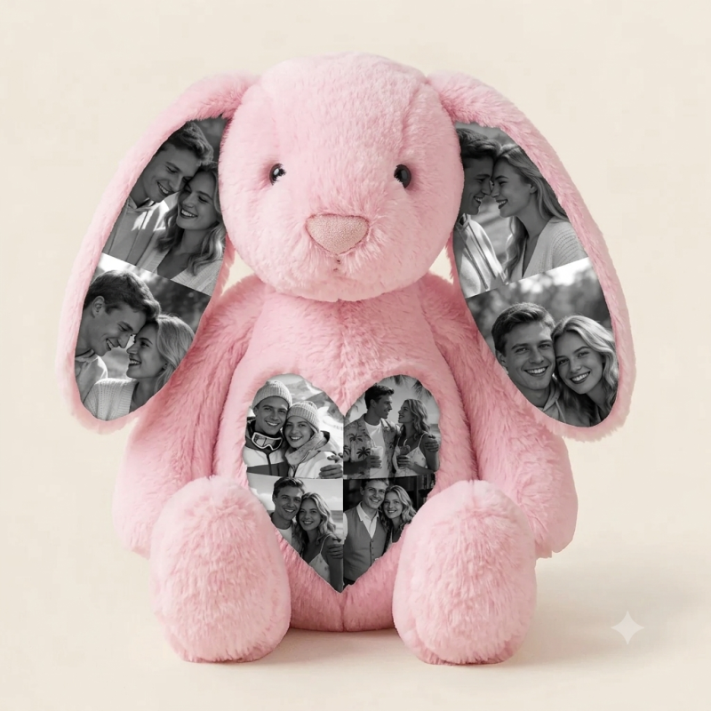Personalized Photo Bunny Plush Toy – Cuddly bunny with hidden picture in the ears, gift for couples for Anniversaries