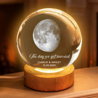 Our Moon Couple Anniversary Date - Personalized Crystal Ball LED Night Light - Sentimental Valentine's Day Gift for Her for Him