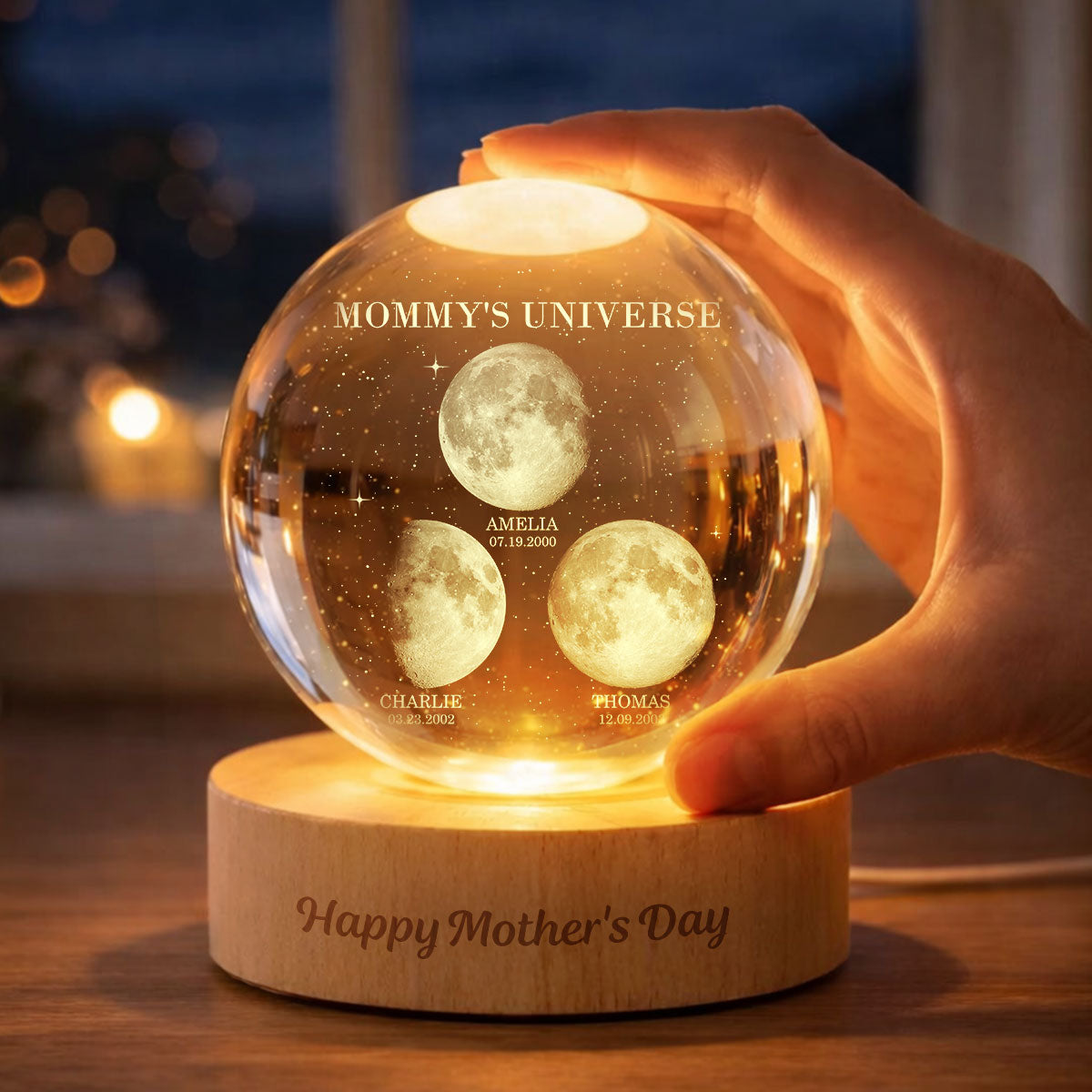 Personalized Moon Phase Crystal Ball Night Light – Custom Date LED Gift for Mom, Wife (Mother’s Day Gift)