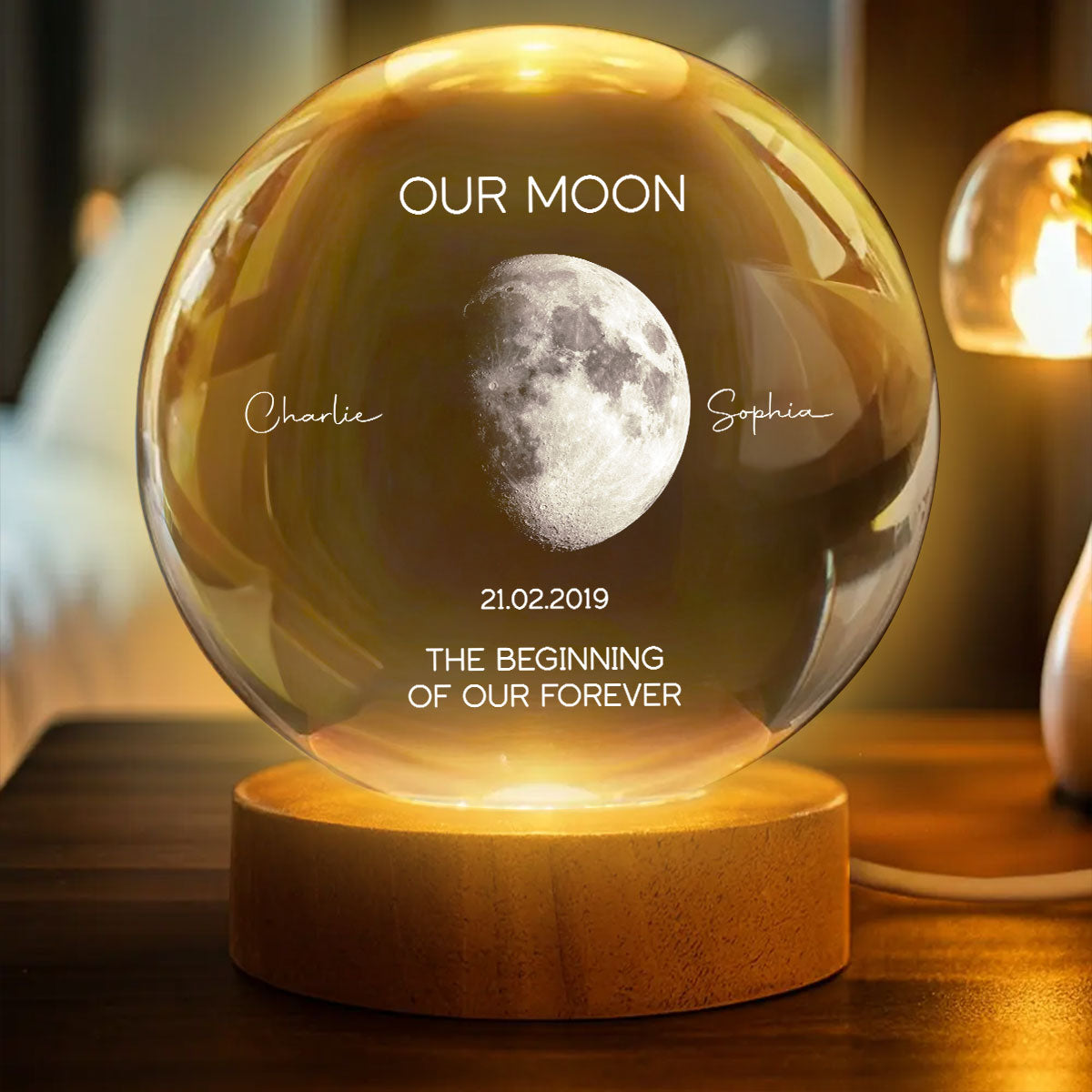 Our Moon Special Date, Custom Moon Phase by Date - Personalized Crystal Ball Night Light - Heartfelt Anniversary Gift for her, for him