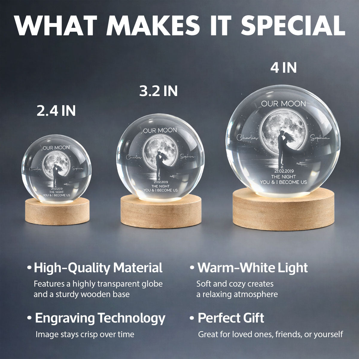 Couple Kissing Under the Moonlight, Custom Moon Phase by Date - Personalized Crystal Ball LED Night Light - Sentimental Valentine's Day Gift for Her, for Him
