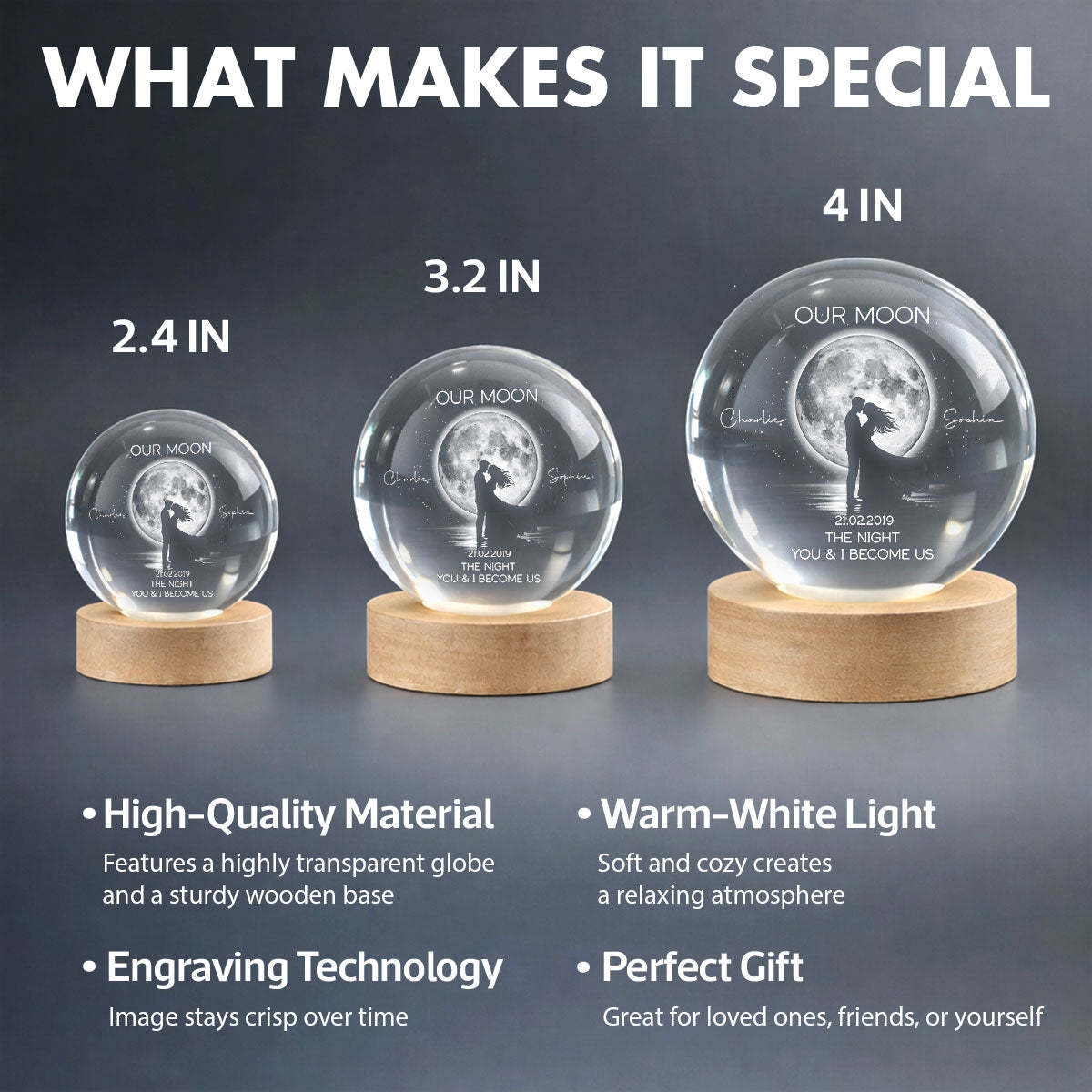 Couple Kissing Under the Moonlight, Custom Moon Phase by Date - Personalized Crystal Ball LED Night Light - Sentimental Valentine's Day Gift for Her, for Him