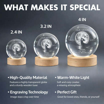 Couple Kissing Under the Moonlight, Custom Moon Phase by Date - Personalized Crystal Ball LED Night Light - Sentimental Valentine's Day Gift for Her, for Him