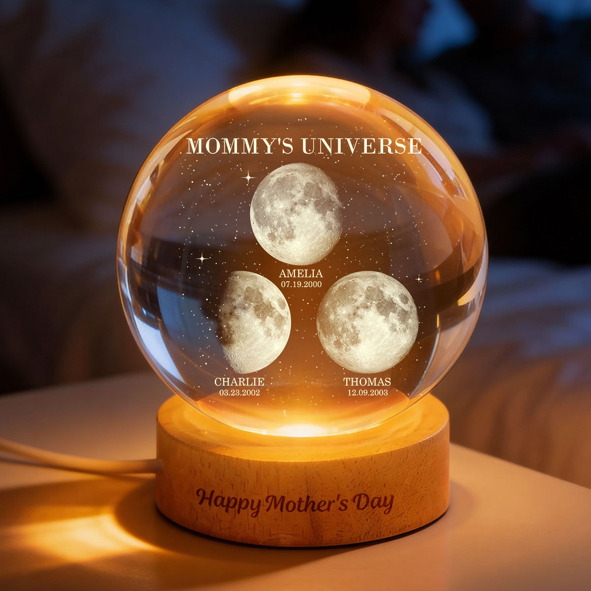 Personalized Moon Phase Crystal Ball Night Light – Custom Date LED Gift for Mom, Wife (Mother’s Day Gift)