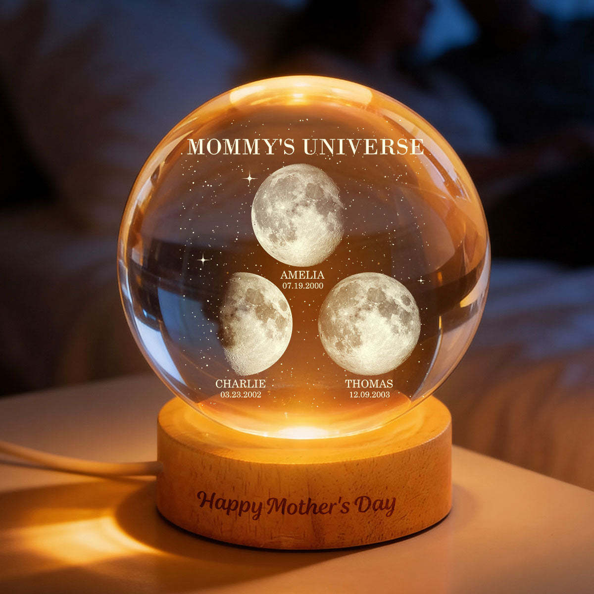 Personalized Moon Phase Crystal Ball Night Light – Custom Date LED Gift for Mom, Wife (Mother’s Day Gift)