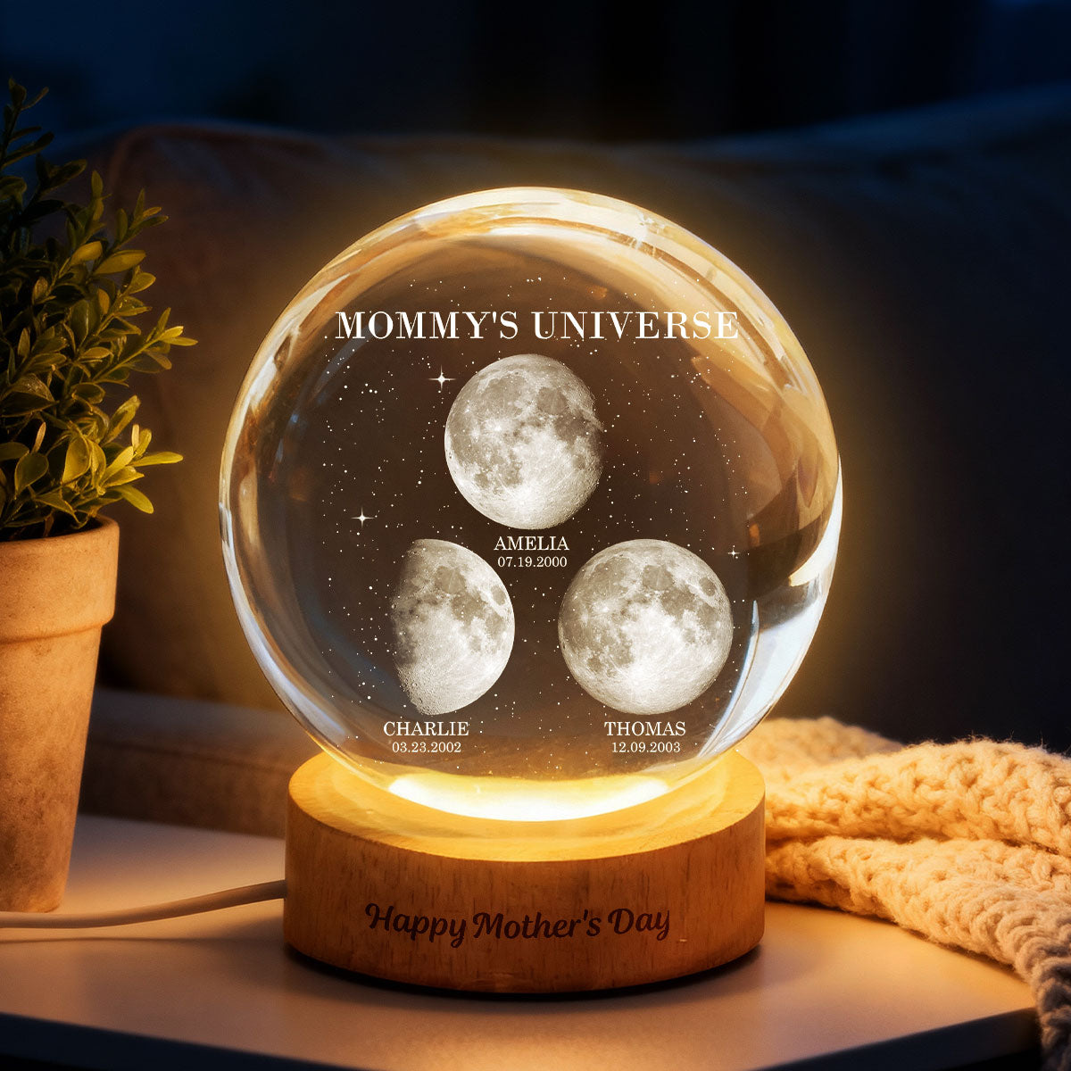 Personalized Moon Phase Crystal Ball Night Light – Custom Date LED Gift for Mom, Wife (Mother’s Day Gift)