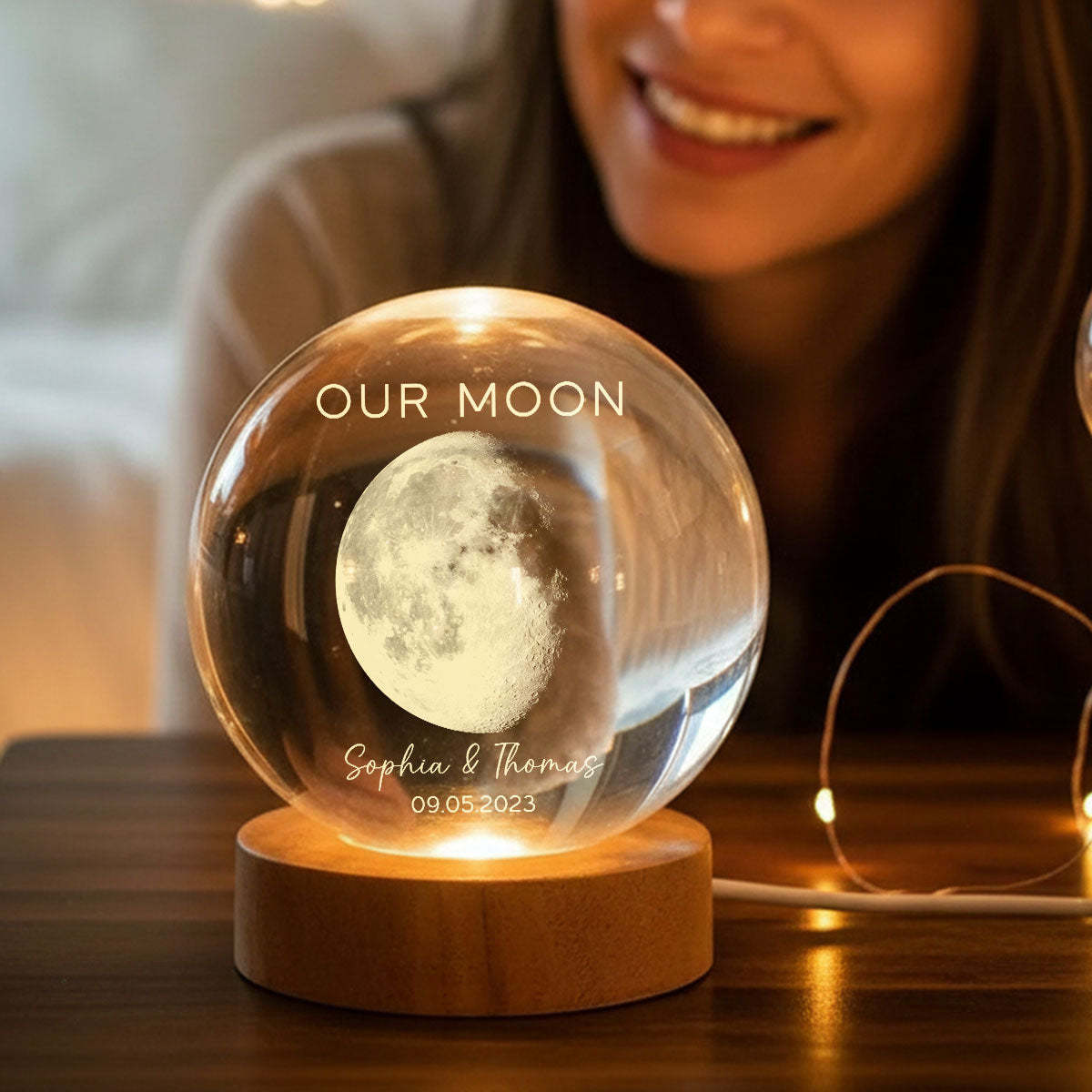 Our Moon Special Day Custom Moon Phase - Personalized Crystal Ball LED Night Light - Valentine's Day Gift For Couple