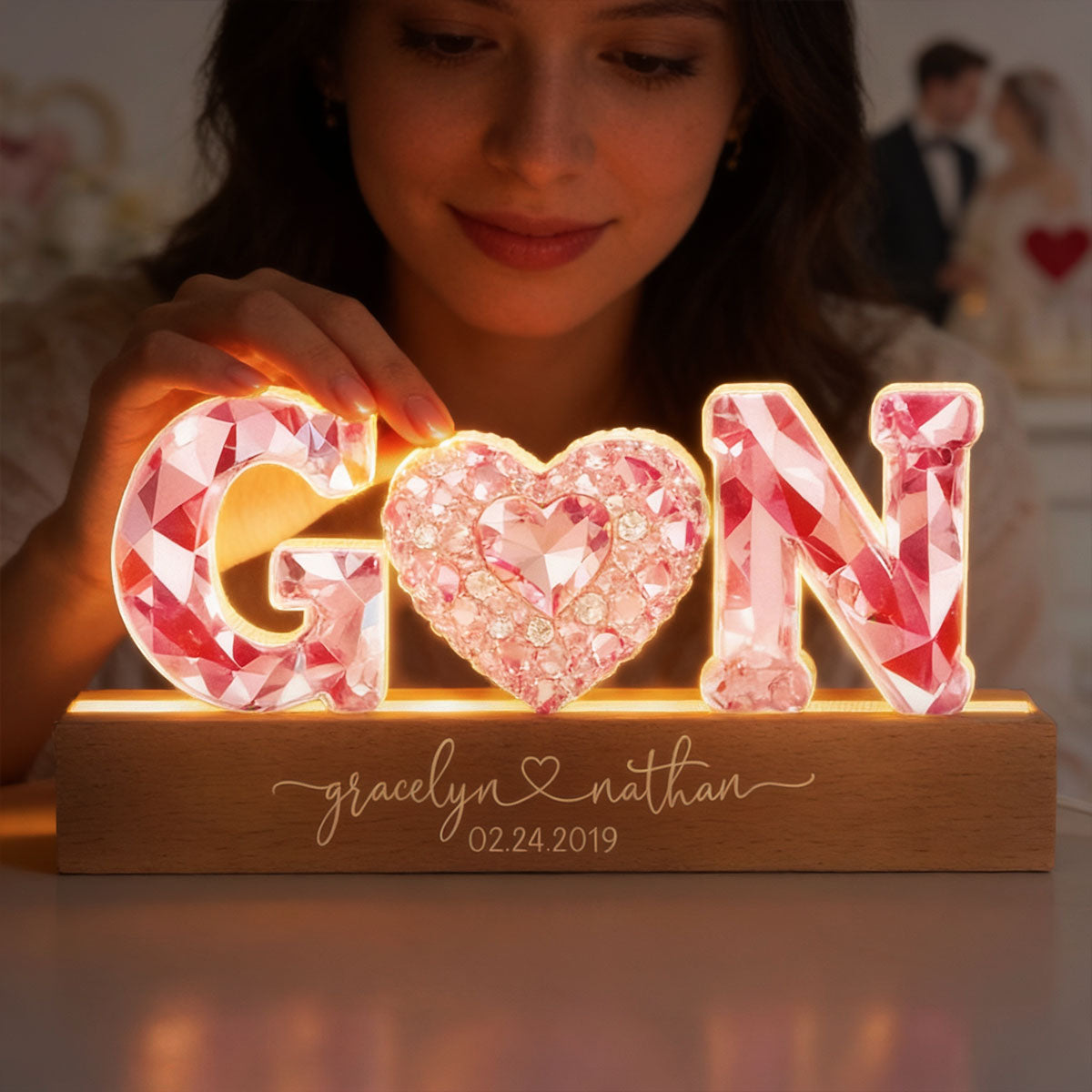 Couple Love Initial - Personalized Acrylic Block LED Night Light - Sentimental Anniversary, Valentine's Day Gift for her, for him