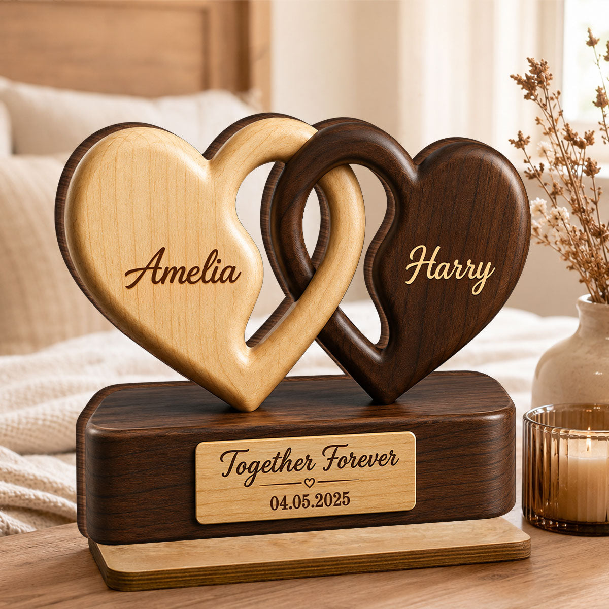 Interlocking Hearts – Personalized Couple Plaque, Custom Names & Date Keepsake Gift
