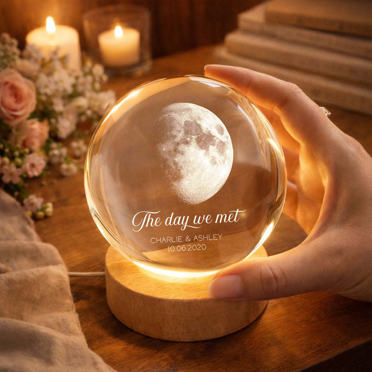Our Moon Couple Anniversary Date - Personalized Crystal Ball LED Night Light - Sentimental Valentine's Day Gift for Her, for Him