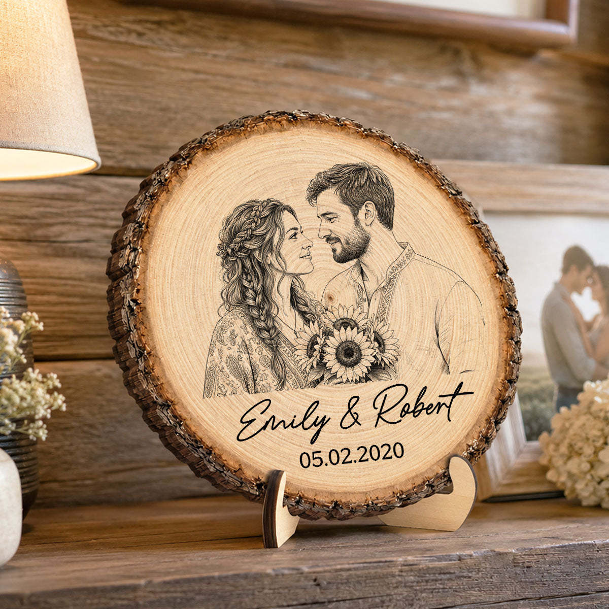 Custom Photo Sketch Couple Plaque – Personalized 2-Layer Wooden Keepsake With Names & Date