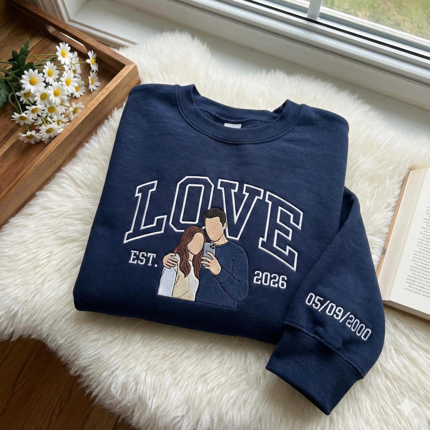 Custom Embroidered Couple Portrait Sweatshirt – Your Photo, Names & Anniversary Date