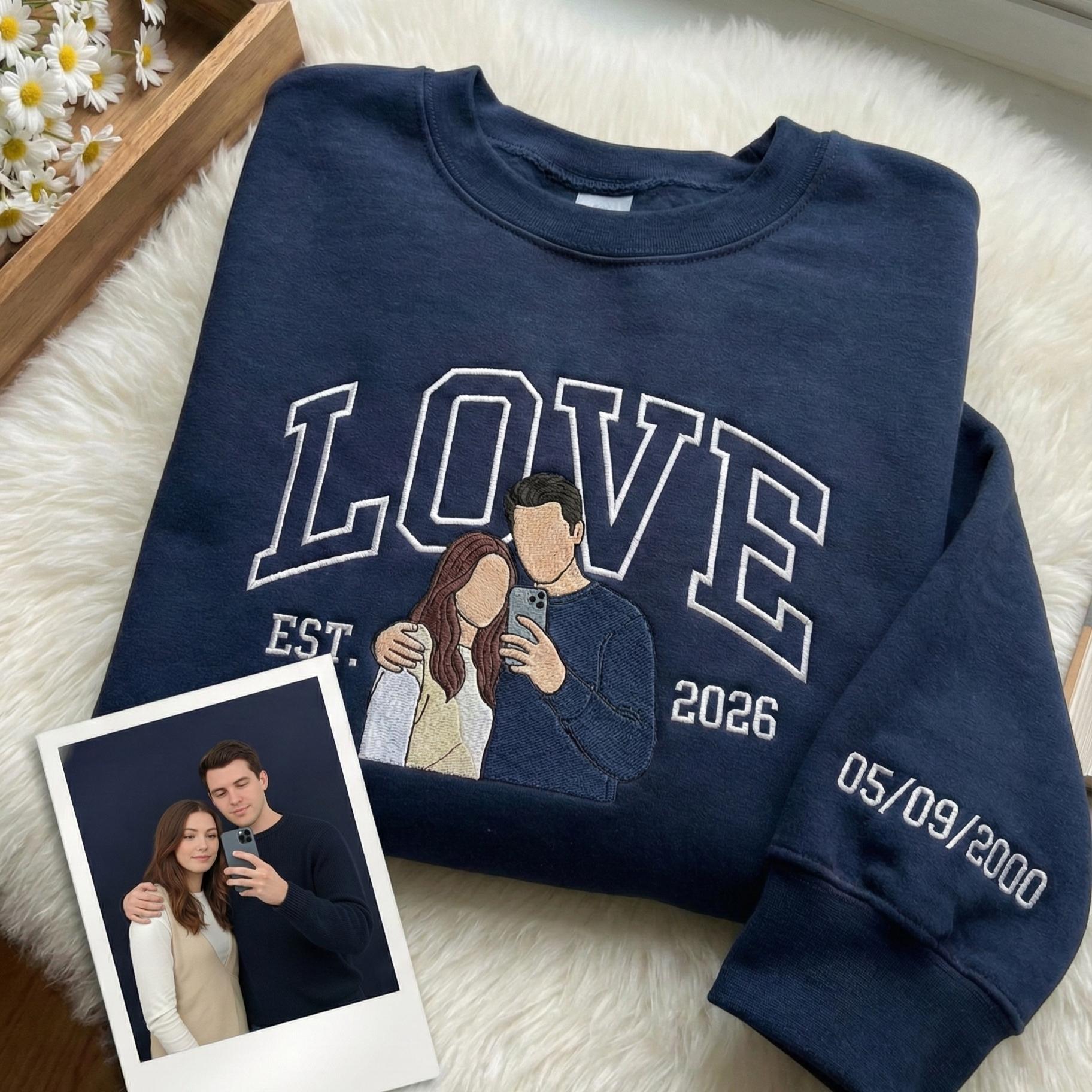 Custom Embroidered Couple Portrait Sweatshirt – Your Photo, Names & Anniversary Date