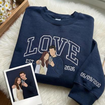 Custom Embroidered Couple Portrait Sweatshirt – Your Photo, Names & Anniversary Date