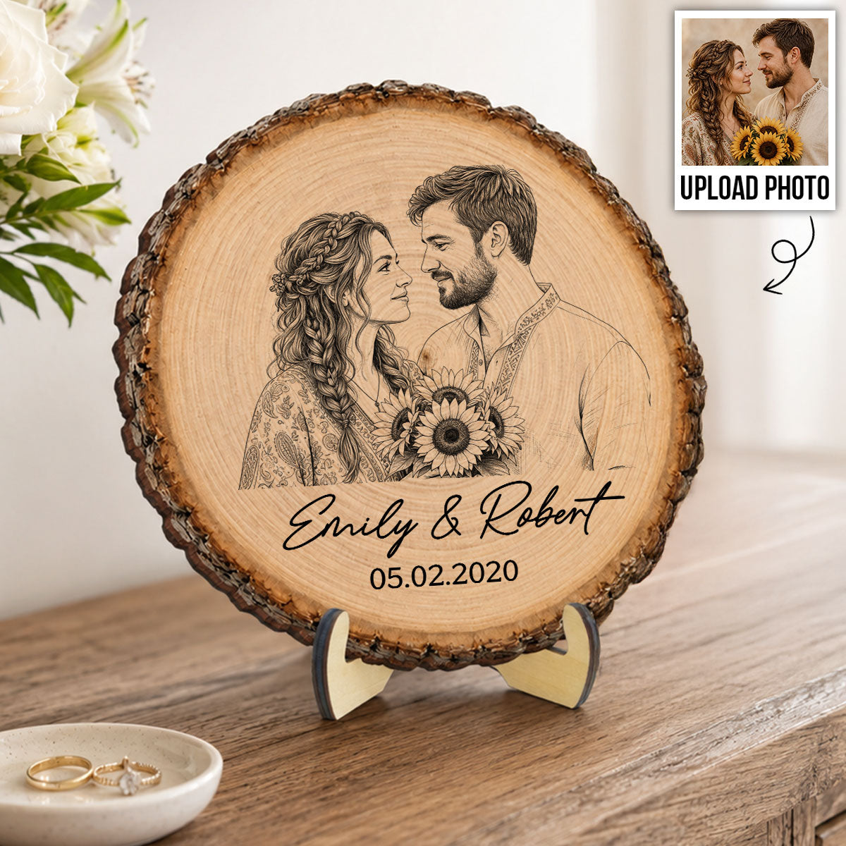 Custom Photo Sketch Couple Plaque – Personalized 2-Layer Wooden Keepsake With Names & Date