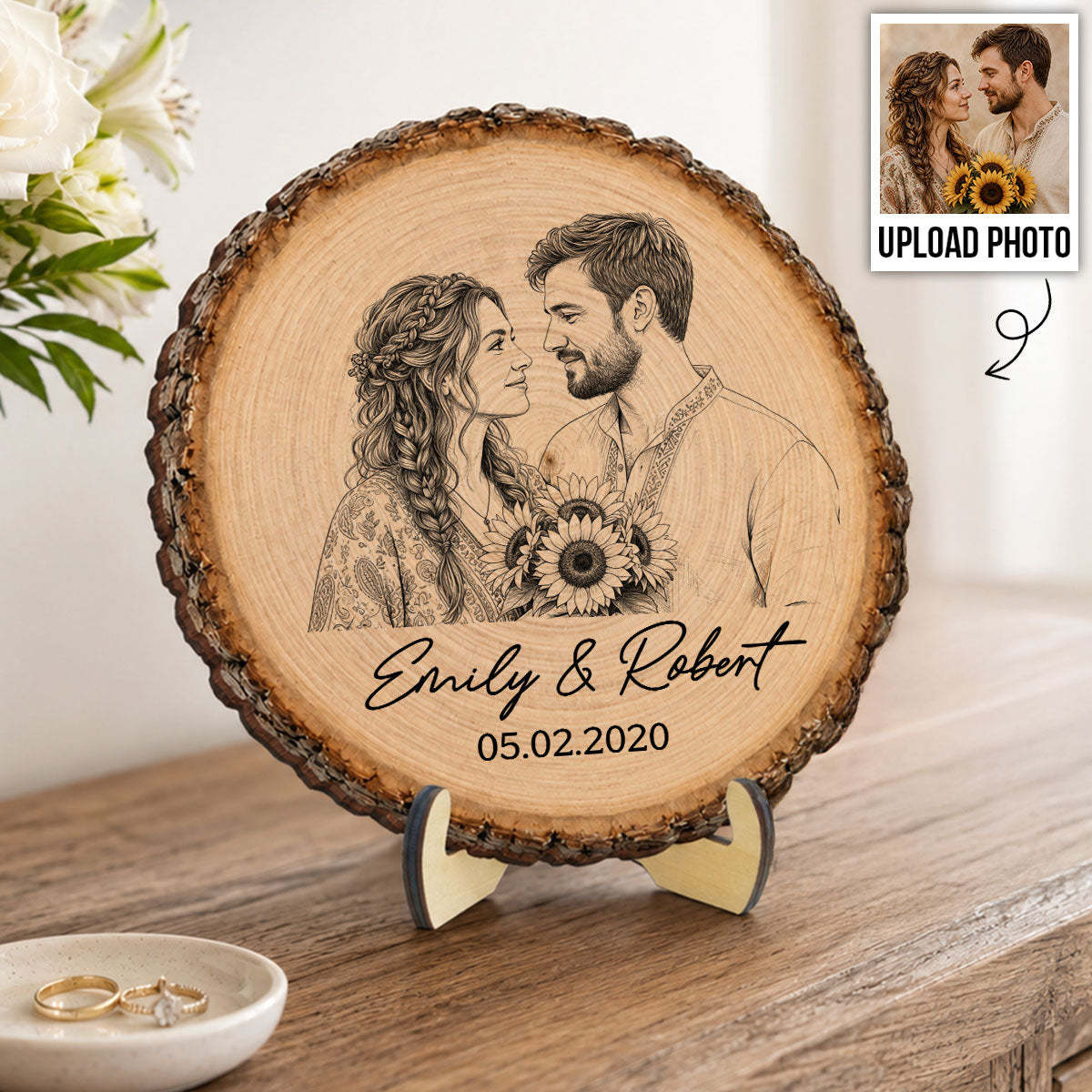 Custom Photo Sketch Couple Plaque – Personalized 2-Layer Wooden Keepsake With Names & Date