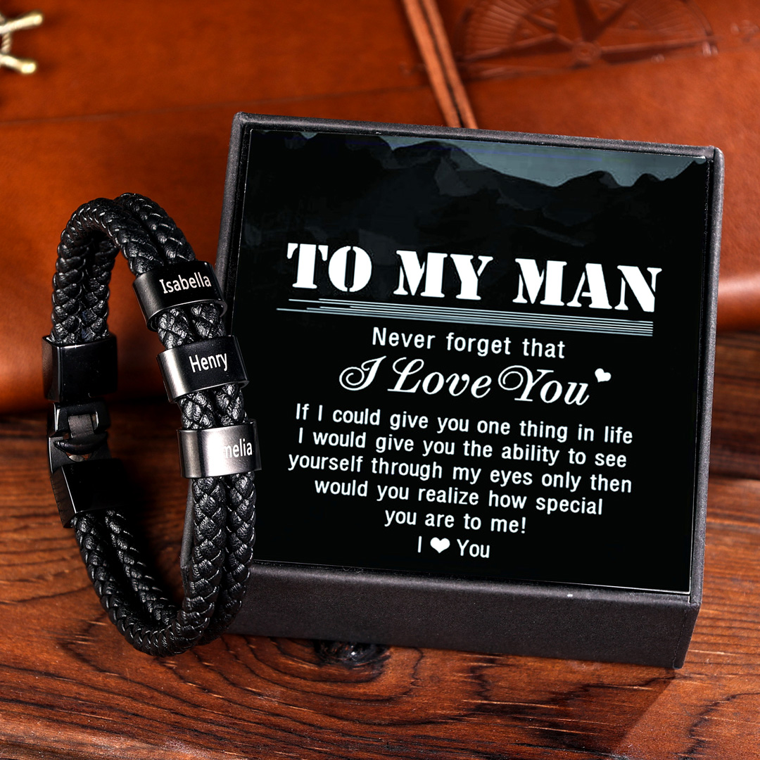 Personalised Braided Leather Bracelet Engraved 1 Name Men's Bracelet Gifts For Him
