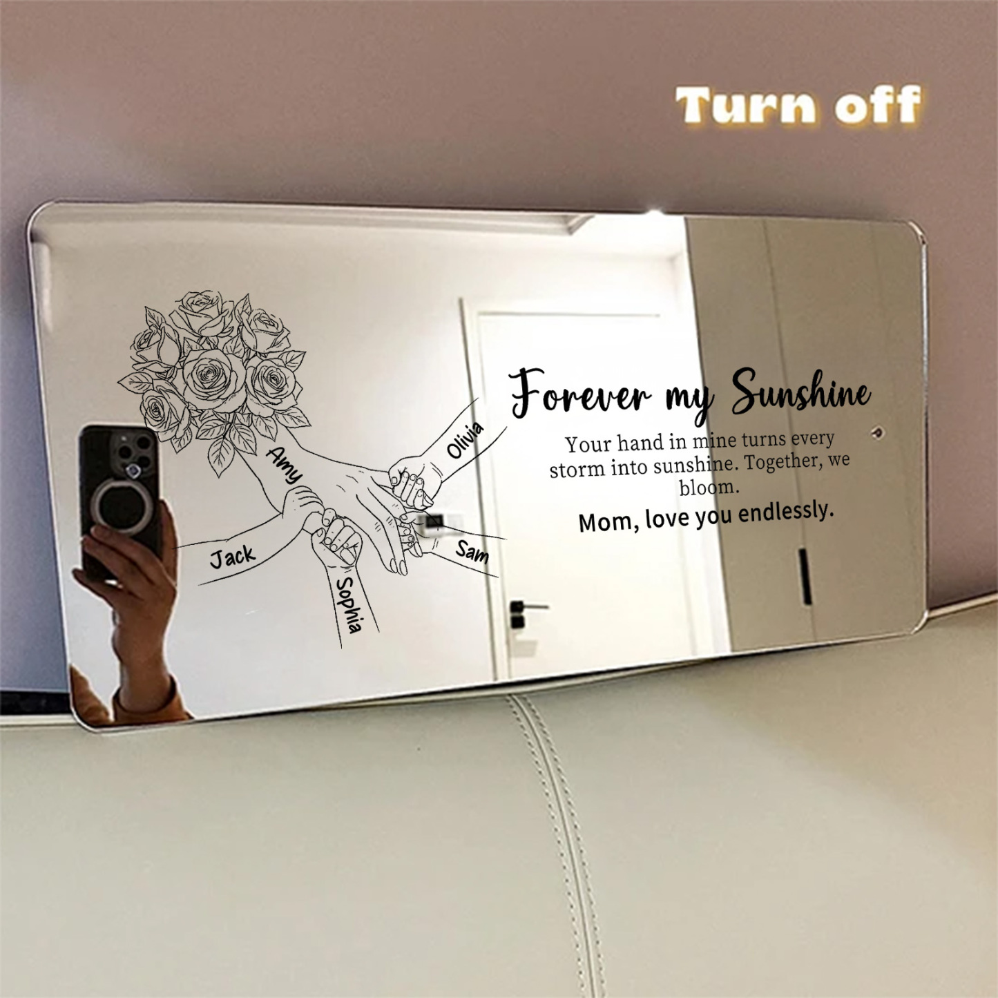 (Rose) Personalized Mom Holding Hands Mirror Light - Custom Mother‘s Day Gifts for Mom