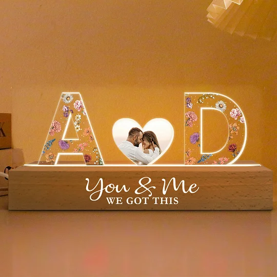 Couple Initials Floral Theme Anniversary Gift Personalized Acrylic Block LED Night Light
