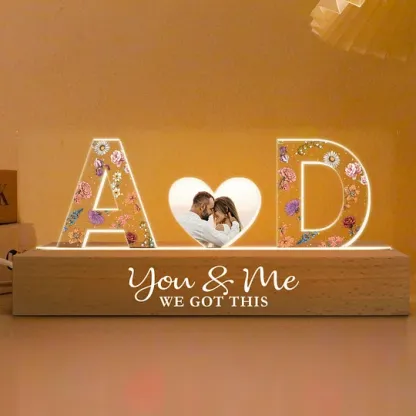 Couple Initials Floral Theme Anniversary Gift Personalized Acrylic Block LED Night Light