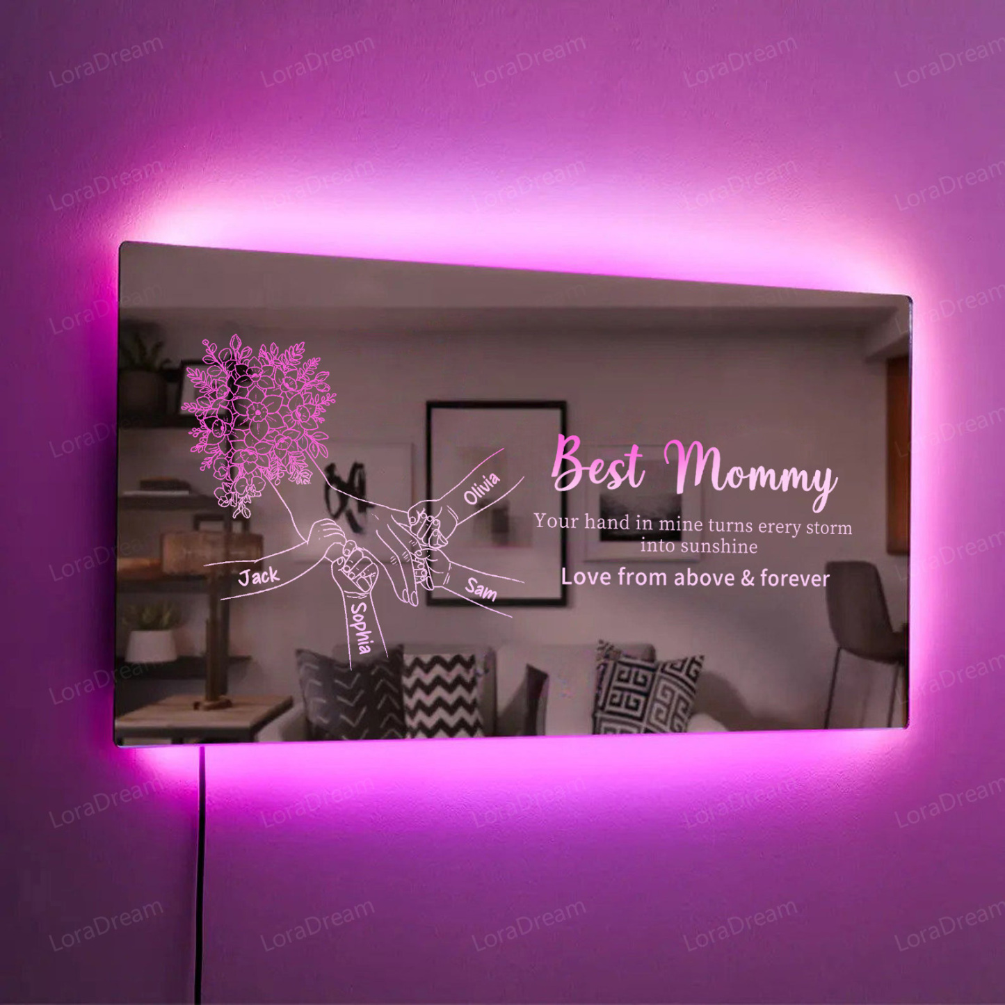 Custom Mom Holding Hands Mirror Light - Personalized Mother‘s Day Gifts with Choice of Bouquet for Mom