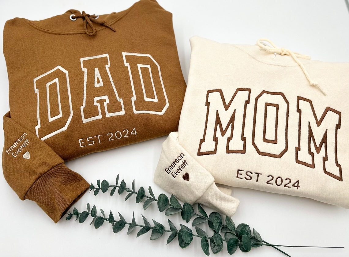 DAD MOM Embroidered Sweatshirt or Hoodie -Kid's Name On Sleeve