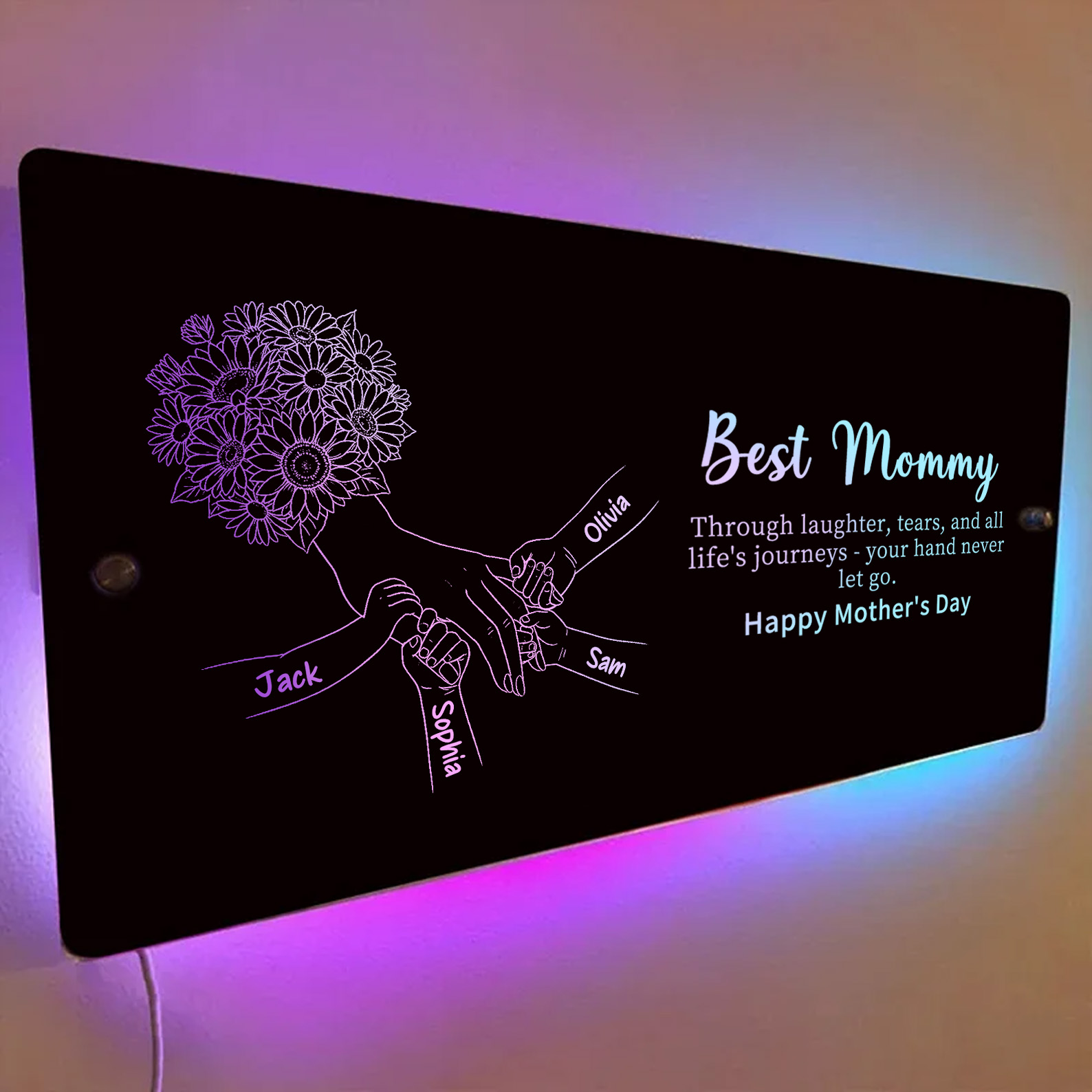 (Sunflower) Personalized Mom Holding Hands Mirror Light - Custom Mother‘s Day Gifts for Mom