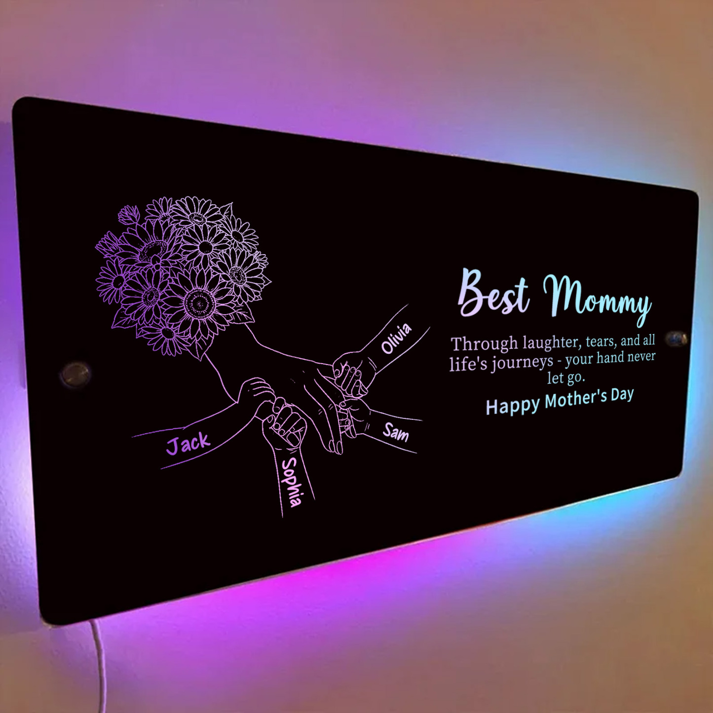 (Sunflower) Personalized Mom Holding Hands Mirror Light - Custom Mother‘s Day Gifts for Mom