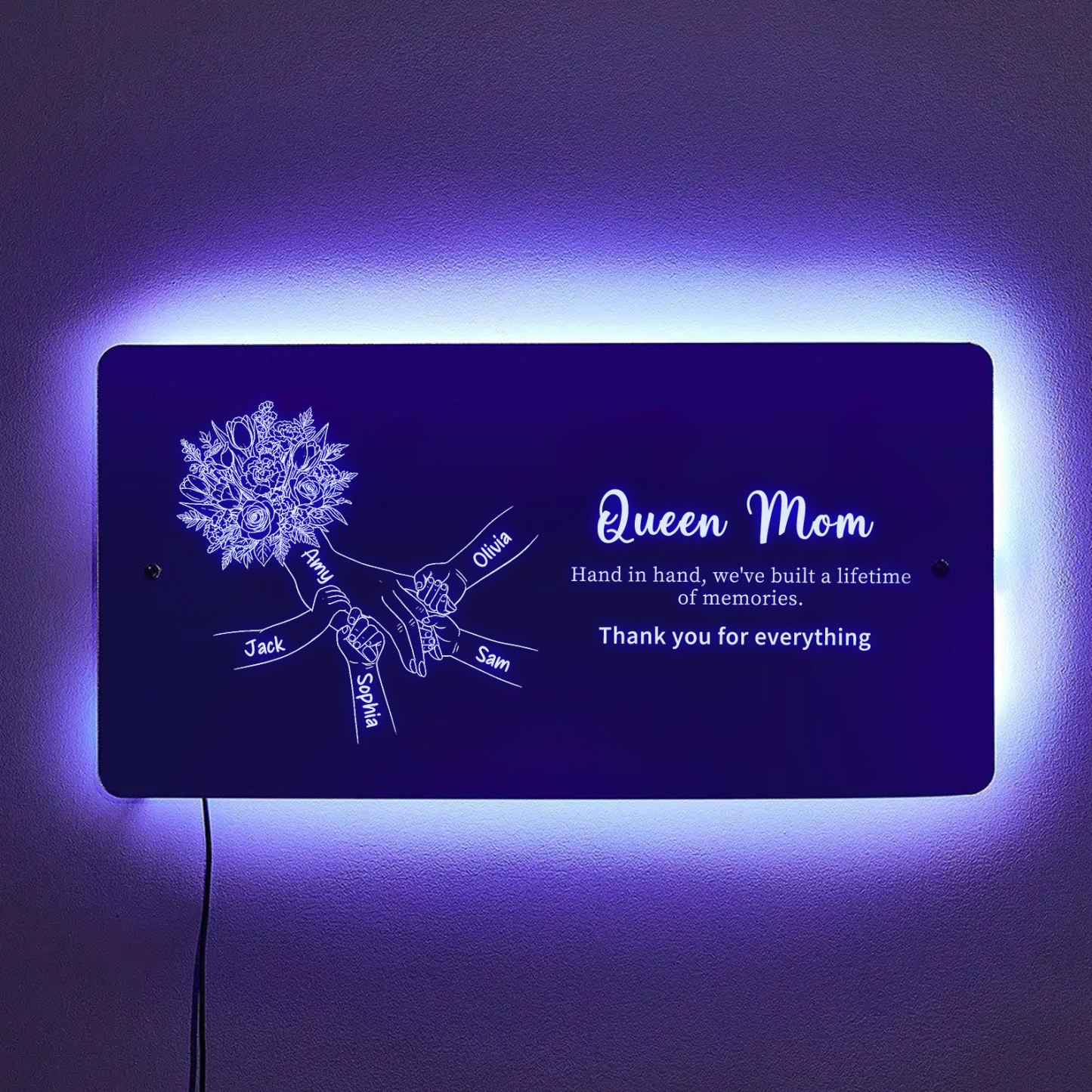 (Tulip, Rose & Carnation) Personalized Mom Holding Hands Mirror Light - Custom Mother‘s Day Gifts for Mom