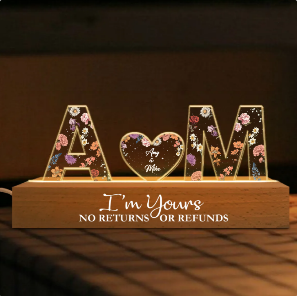 Couple Initials Floral Theme Anniversary Gift Personalized Acrylic Block LED Night Light