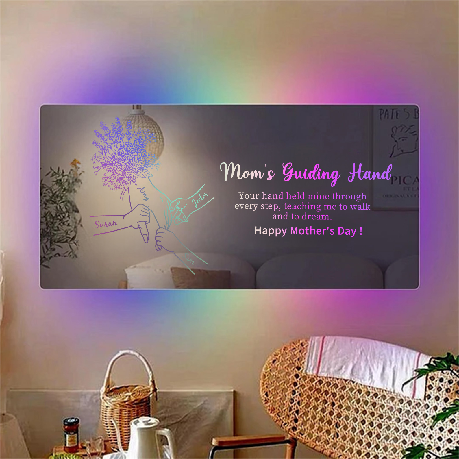 Custom Mom Holding Hands Mirror Light with Choice of Bouquet - Personalized Mother‘s Day Gifts for Mom