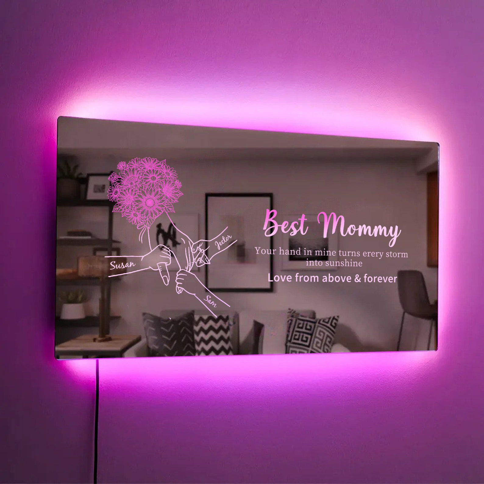Custom Mom Holding Hands Mirror Light with Choice of Bouquet - Personalized Mother‘s Day Gifts for Mom