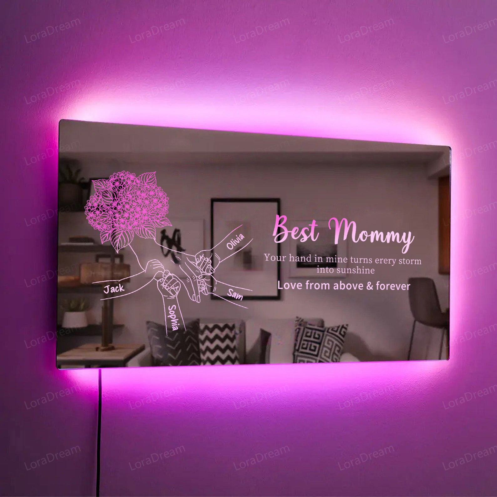 Custom Mom Holding Hands Mirror Light - Personalized Mother‘s Day Gifts with Choice of Bouquet for Mom