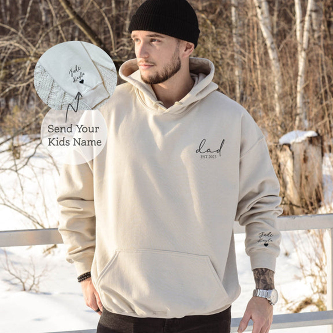 Custom Dad Est with Kids Names and Heart on Sleeve Sweatshirt