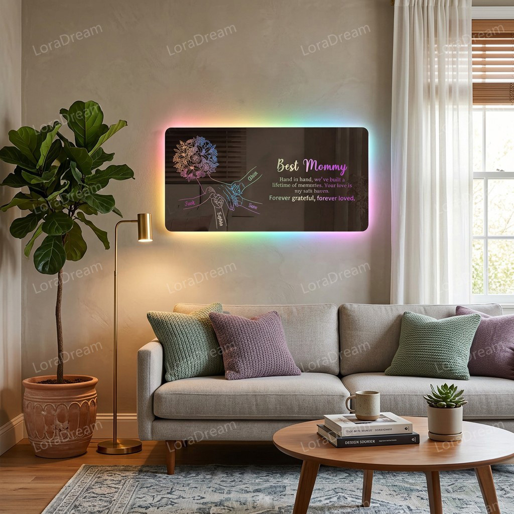 Custom Mom Holding Hands Mirror Light - Personalized Mother‘s Day Gifts with Choice of Bouquet for Mom